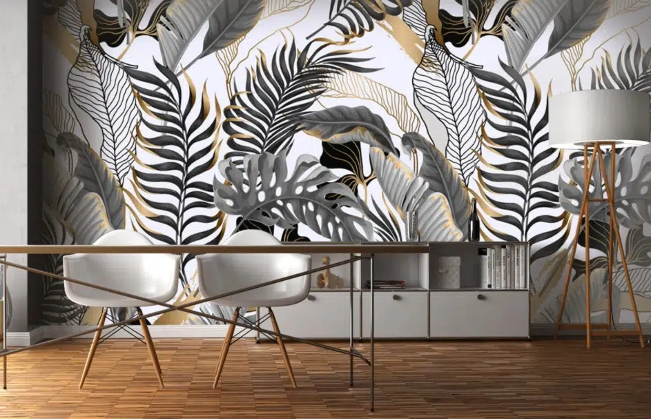 Un salon avec du papier peint