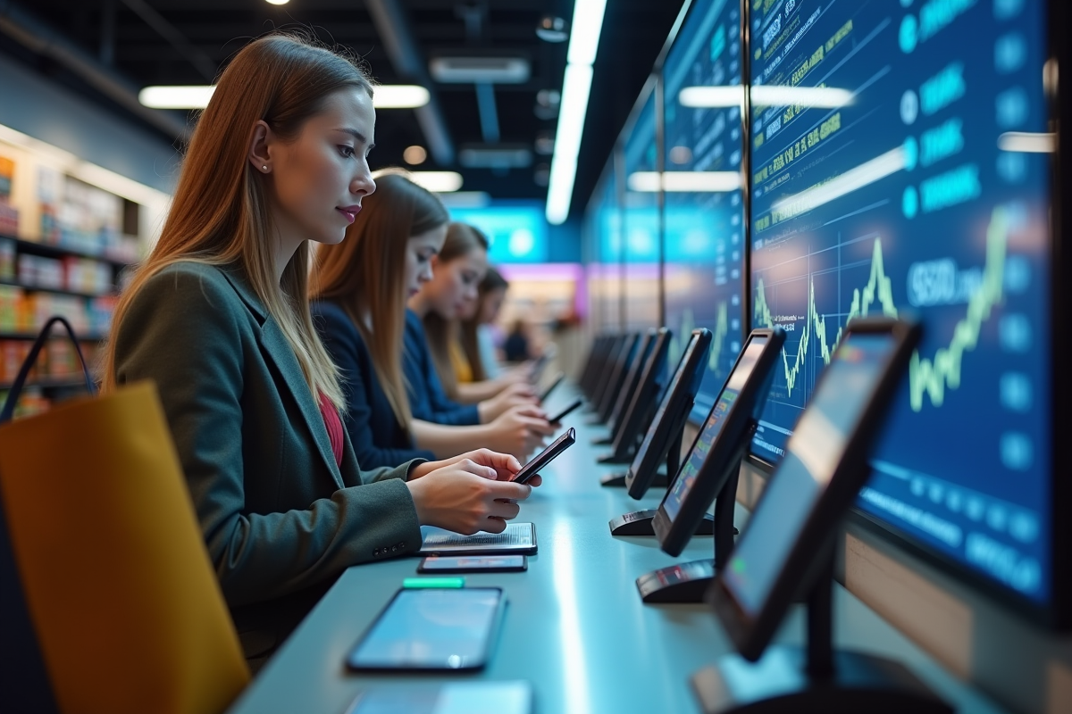 Groupe de clients utilisant paiement digital en magasin