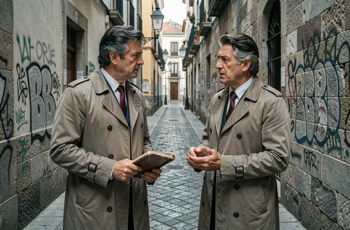 Deux acteurs en costumes d'époque dans une ruelle historique de Barcelone pour une série policière espagnole