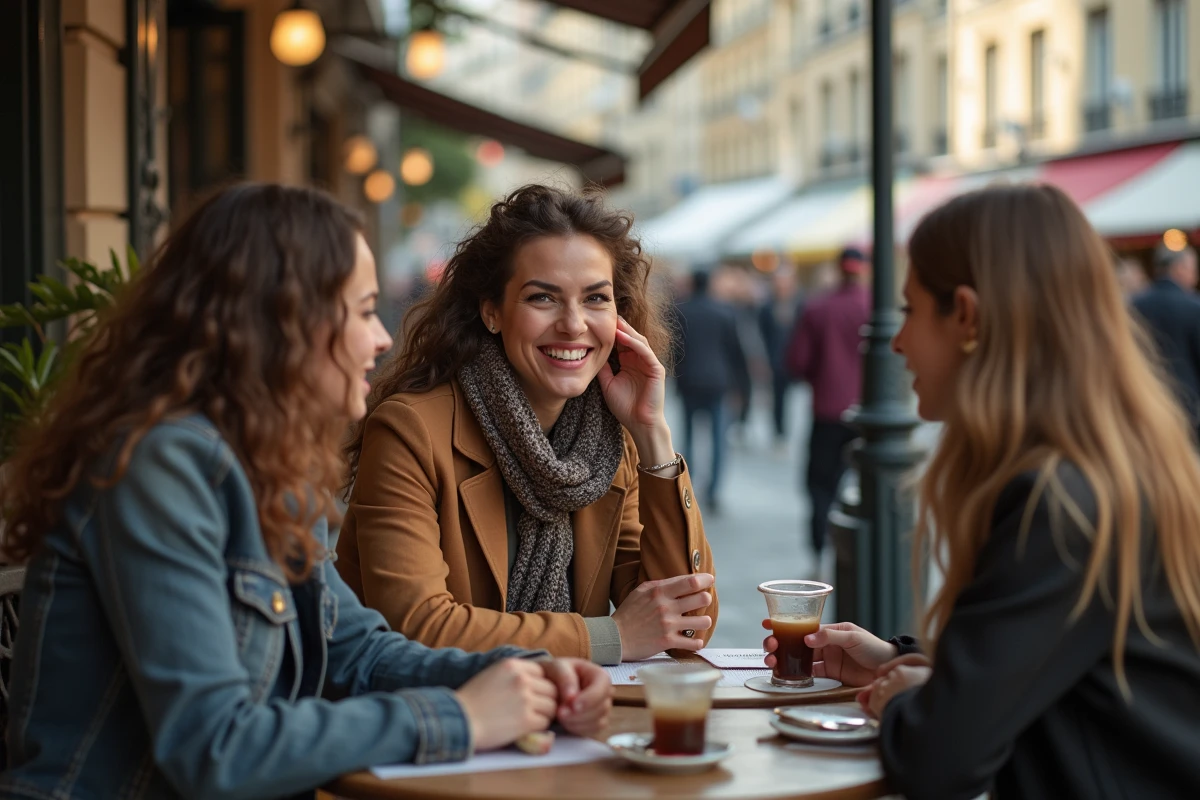 Trois actrices discutant dans un café parisien