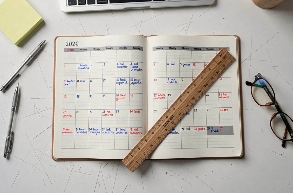 Vue aérienne d'un agenda 2026 avec semaines paires et impaires annotées pour un calendrier de garde alternée