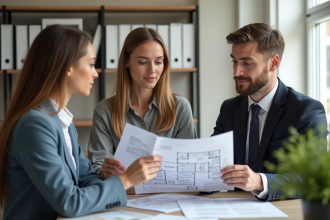 Agent immobilier montrant des documents fiscaux et plans d appartement