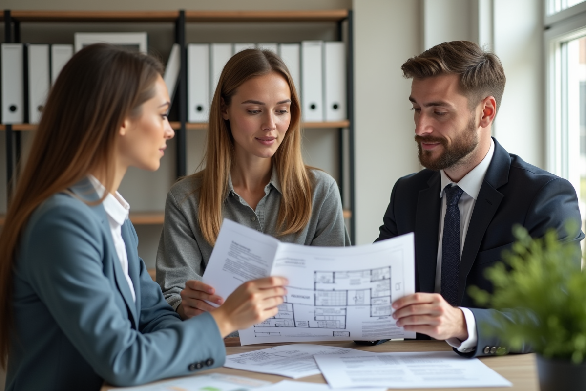 Agent immobilier montrant des documents fiscaux et plans d appartement