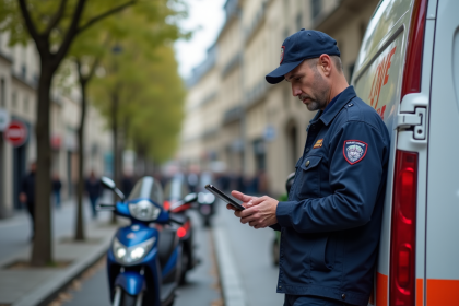 Agent municipal en uniforme dans une rue parisienne