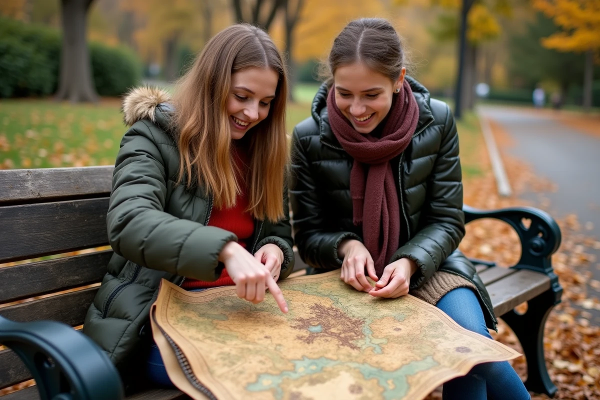 Adolescents discutant d une carte de Middleearth en plein air
