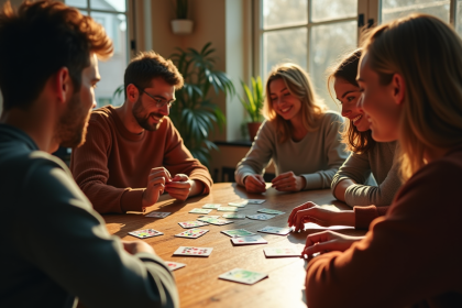 Quatre amis jouent aux cartes autour d'une table ensoleillée