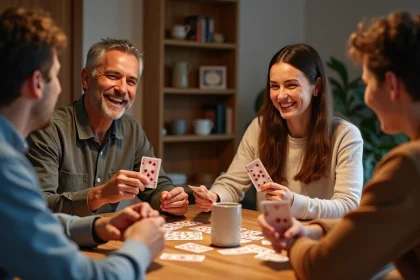 Quatre amis adultes jouant à la belote coinchée autour d'une table en bois avec des cartes à jouer françaises et des tasses de café