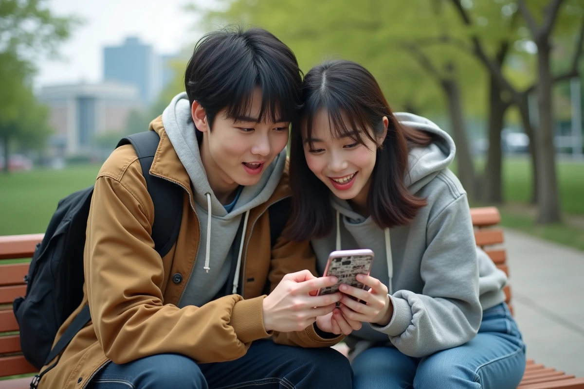 Deux amis lisant ensemble des scans One Piece sur smartphone dans un parc urbain avec une réaction enthousiaste