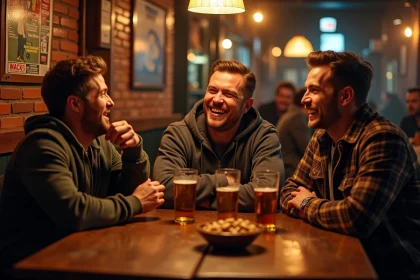Trois amis adultes qui éclatent de rire autour d'une table de bar en bois, illustrant l'humour absurde entre potes