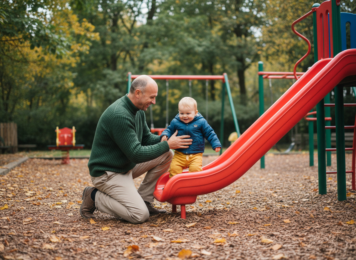 Animateur aidant un enfant à descendre un toboggan en extérieur