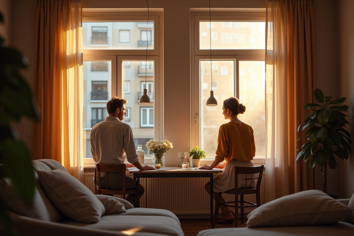 Deux appartements vus à travers de grandes fenêtres avec couple