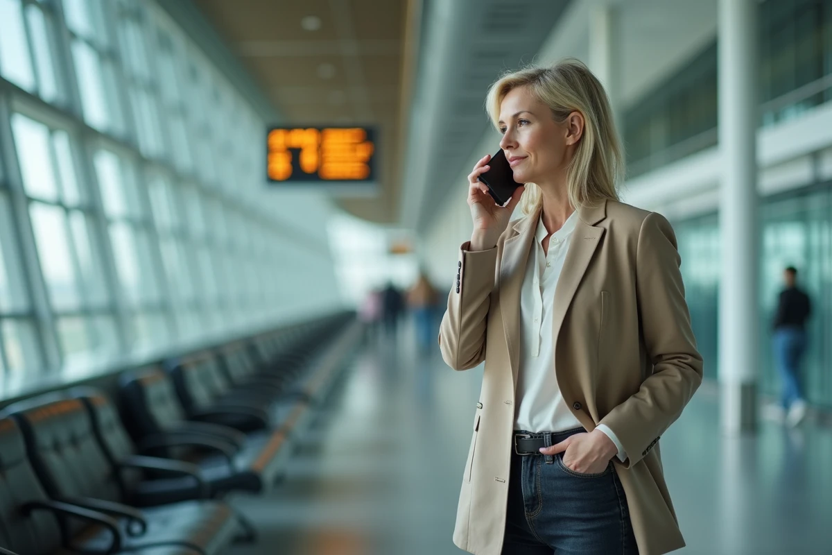 Femme passant un appel international depuis le salon de départ d'un aéroport