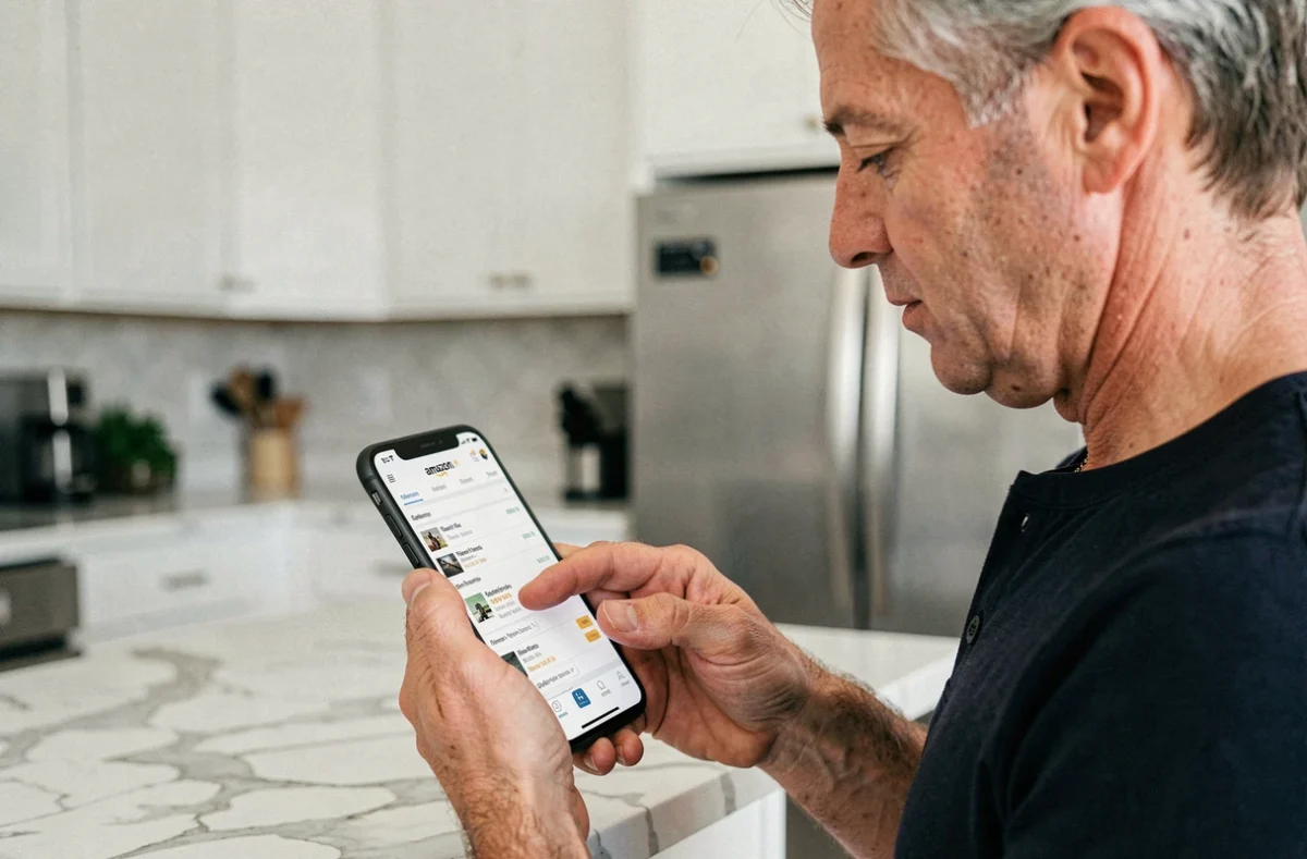 Homme consultant l'historique de commandes Amazon sur son smartphone dans une cuisine moderne pour archiver un achat de façon discrète