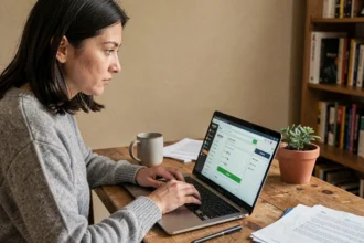 Femme consultant son compte Amazon sur un ordinateur portable pour archiver une commande discrètement depuis son bureau à domicile
