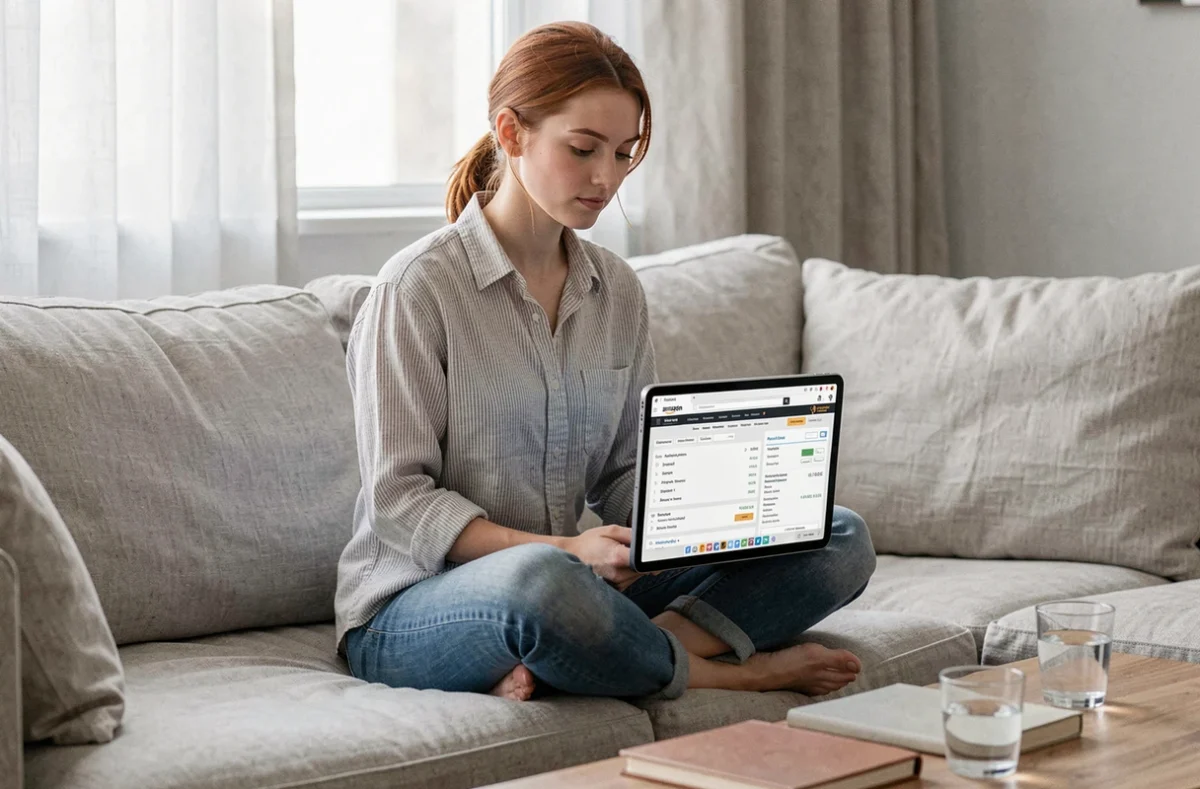 Jeune femme gérant ses commandes Amazon sur une tablette dans son salon pour archiver un achat en toute discrétion