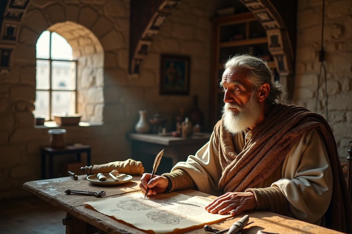 Vieil homme dessinant des motifs de tunique ancienne dans son atelier