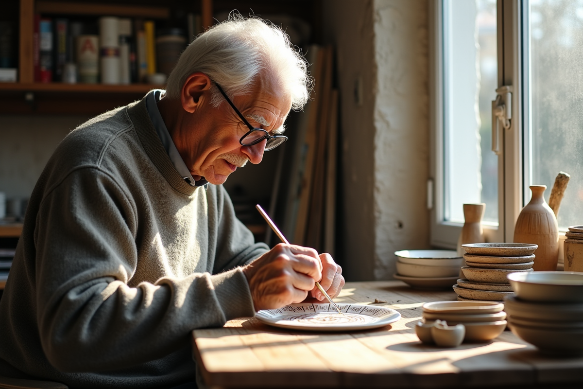 Homme âgé peignant un motif sur une assiette en céramique