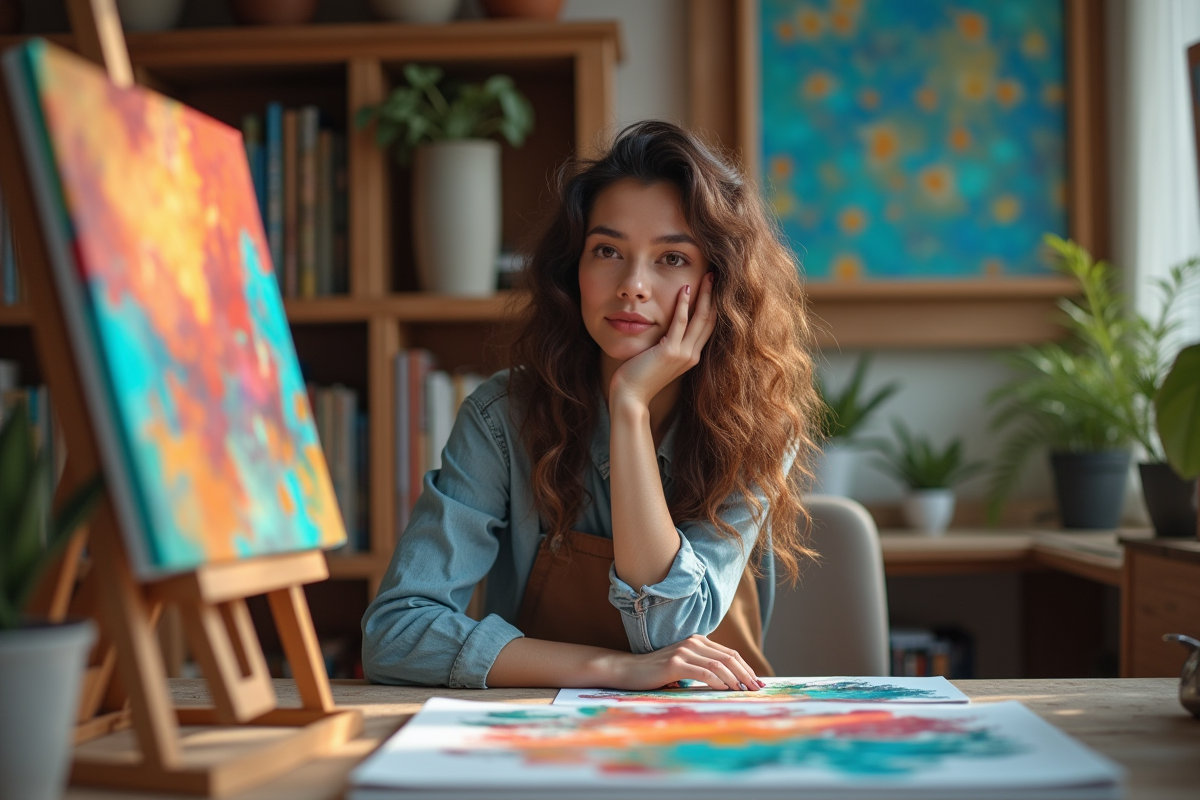 Femme artiste assise près de toiles colorées dans son atelier