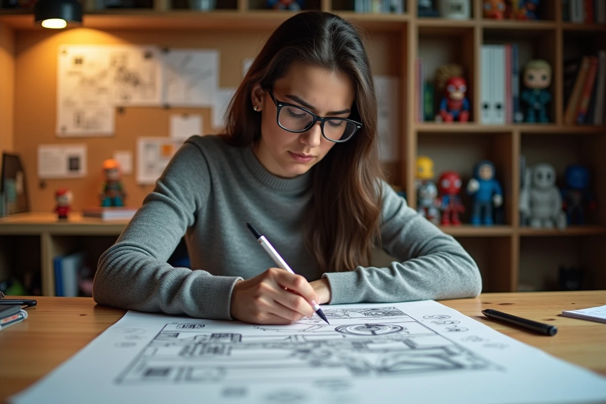 Artiste storyboard dessinant des cadrages dynamiques pour un film de super-héros Marvel, entourée de planches annotées dans un bureau de production cinématographique