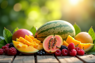 Assortiment de fruits frais mirabelles mangos mûres et melons