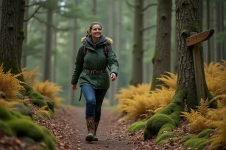 Femme en randonnée sur un sentier forestier alsacien entourée de sapins et de fougères automnales