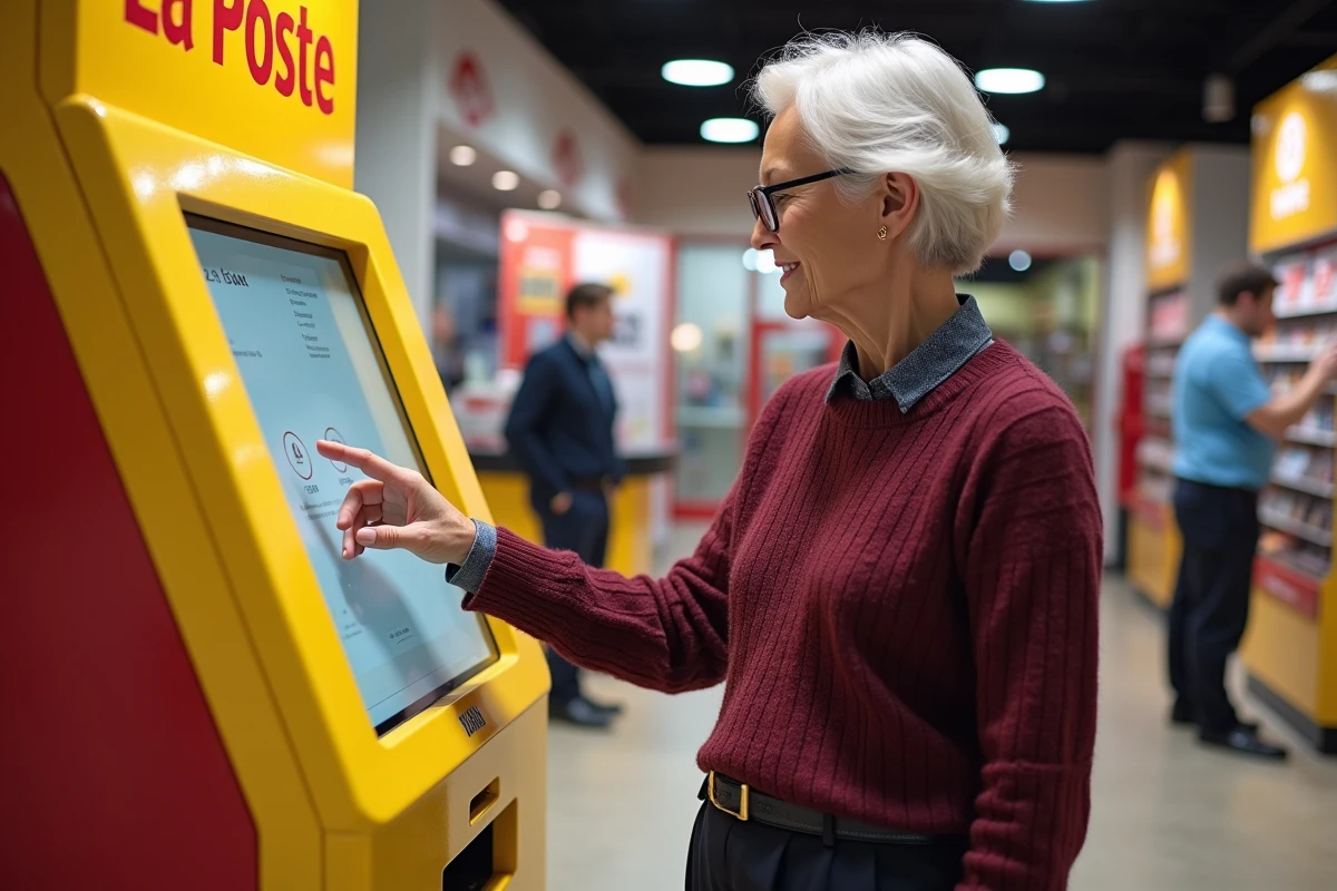 Femme utilisant une borne libre-service La Poste pour imprimer un document dans un bureau de poste