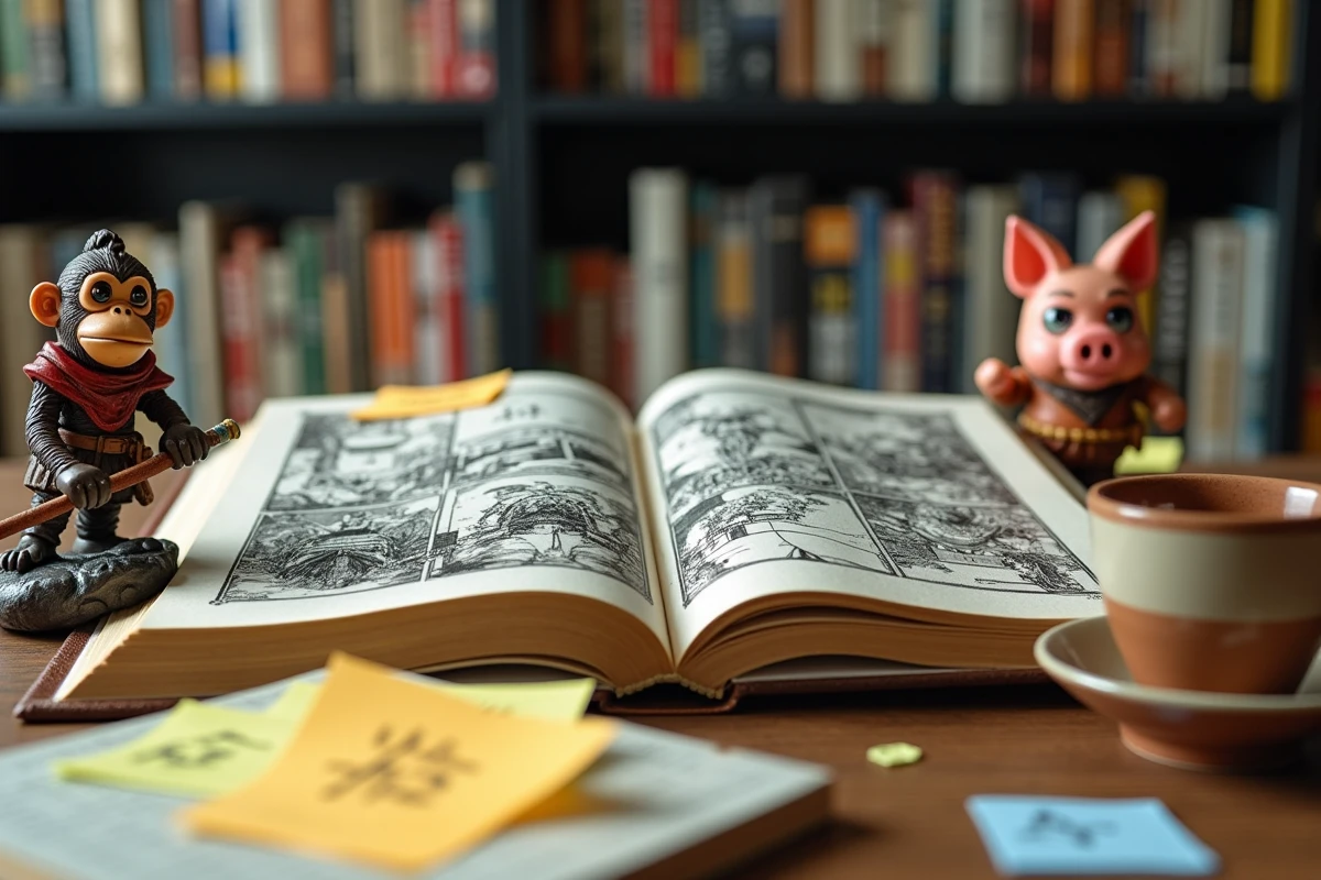 Bureau de collectionneur de manga avec volume ouvert de Voyage vers l'Ouest, figurines de Sun Wukong et Zhu Bajie et annotations en français sur des post-it
