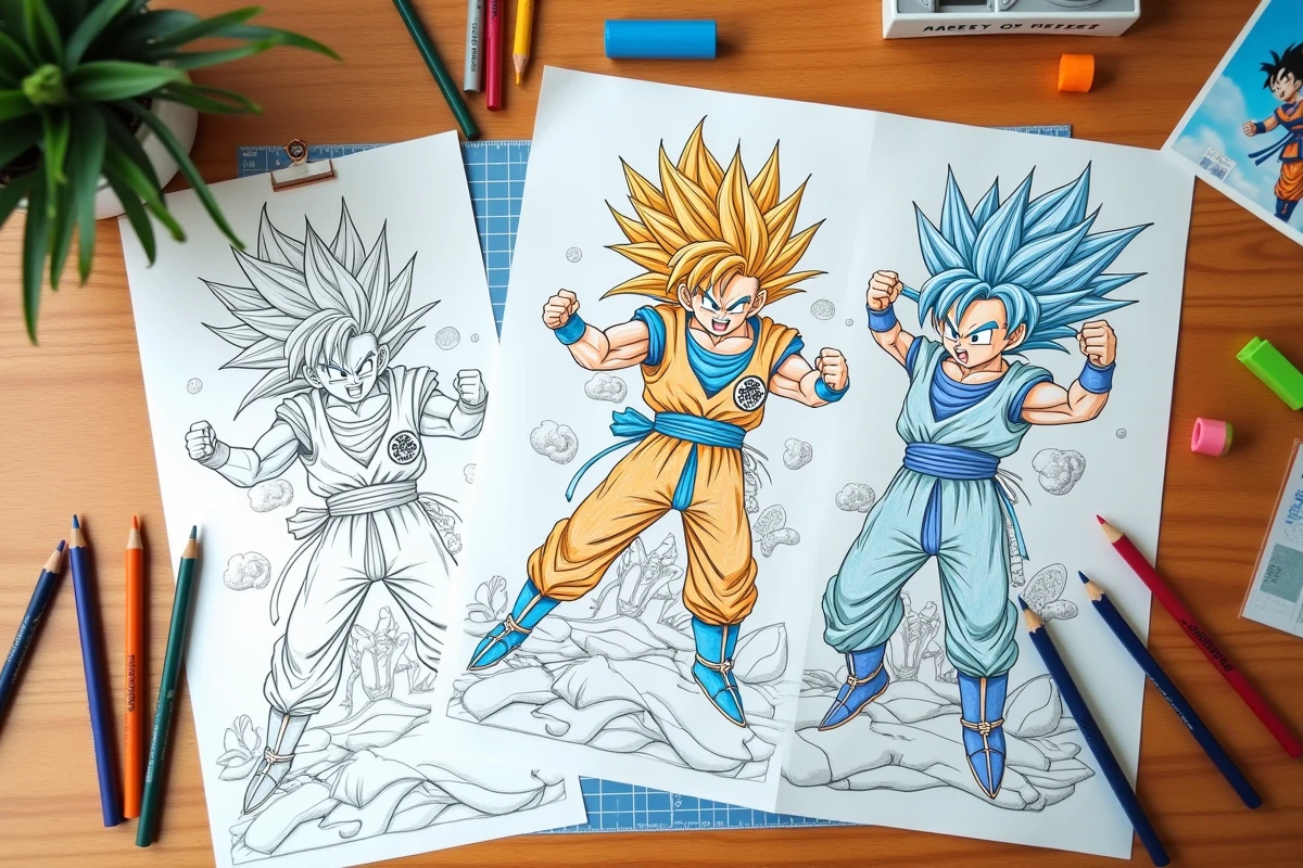 Vue de dessus d'un bureau avec des pages Dragon Ball à colorier et des feutres colorés posés à plat