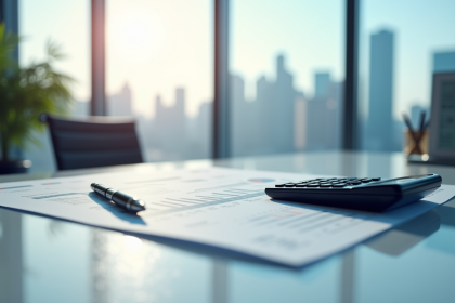 Bureau moderne avec documents financiers et vue urbaine