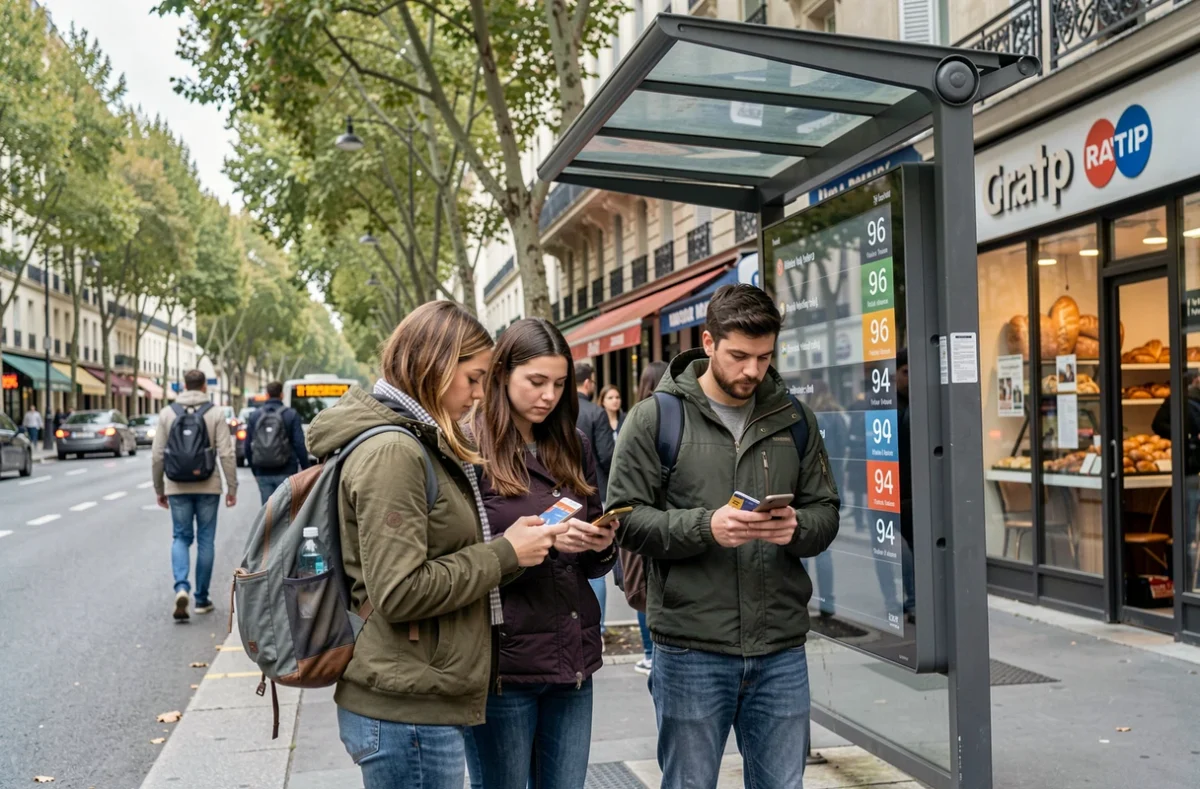 Voyageurs attendant un bus RATP alternatif à la ligne 3 lors d'une perturbation de trafic à Paris