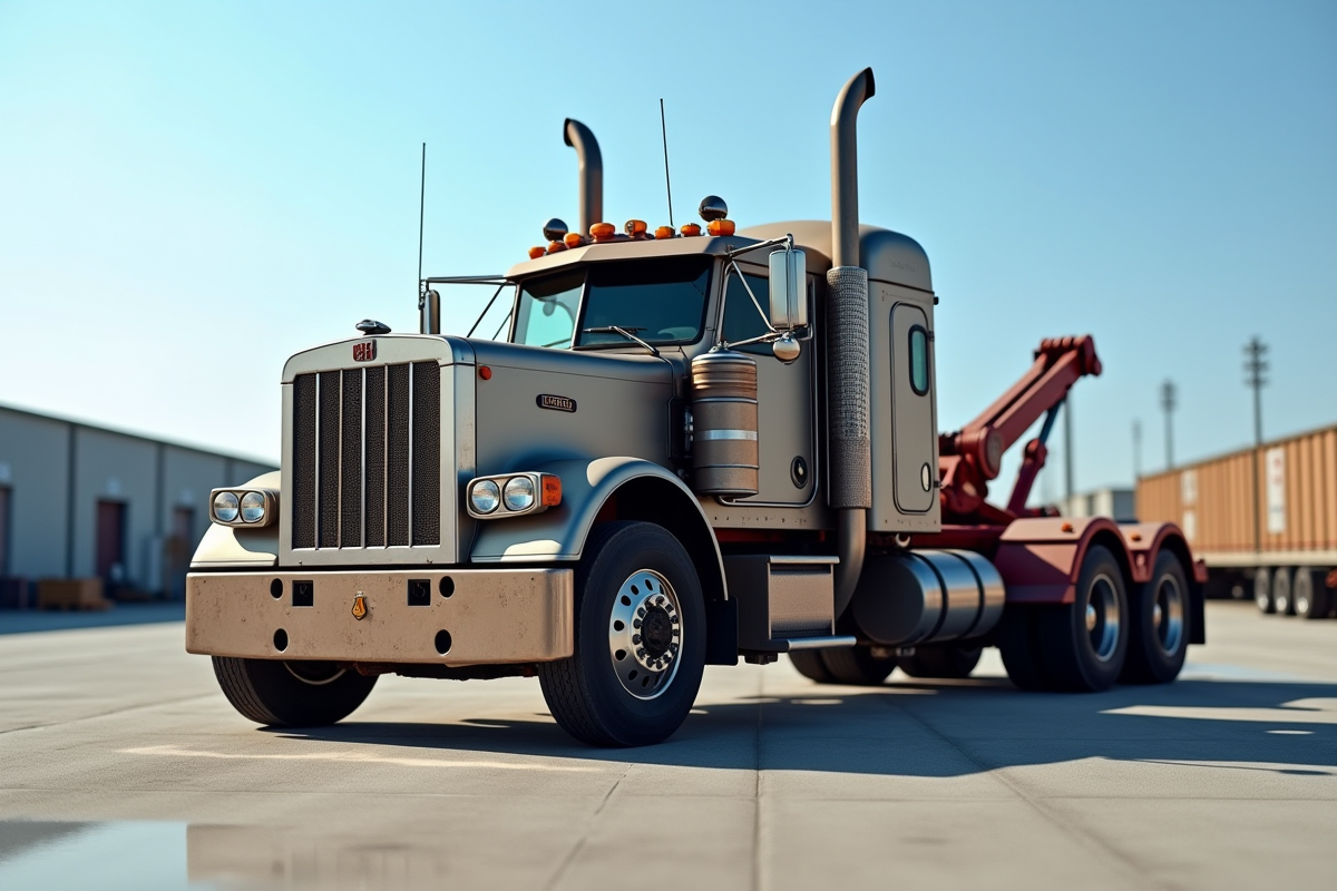 Camion de remorquage lourd dans une cour industrielle en plein jour