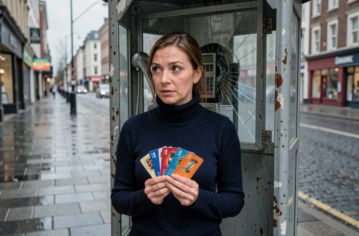 Femme tenant des cartes cabine téléphonique devant une cabine téléphonique désaffectée dans une rue urbaine