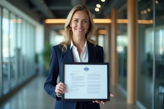Femme cadre tenant un document de certification ISO dans un bureau d'entreprise moderne