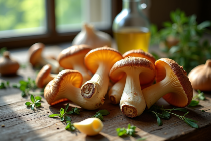 Champignons chanterelle et girolle sur une table en bois rustique
