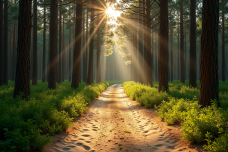 Sentier de forêt de pins à Comporta Portugal en fin d'après midi