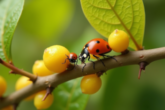 Gros plan sur une branche de citronnier avec cochenilles et coccinelle
