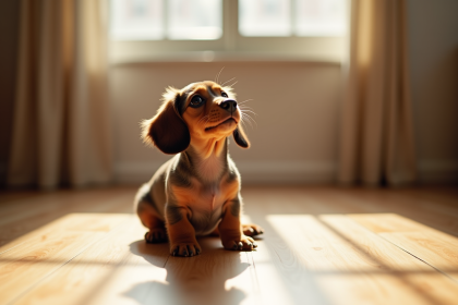 Chiot dachshund miniature assis sur un sol en bois ensoleille