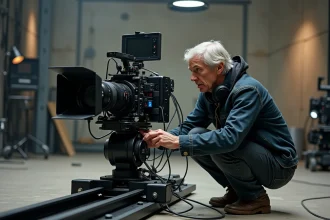Cinématographe professionnel ajustant l'objectif d'une caméra de cinéma sur un plateau de tournage, illustrant les choix techniques de cadrage dans la cinématographie Marvel