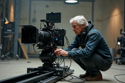 Cinématographe professionnel ajustant l'objectif d'une caméra de cinéma sur un plateau de tournage, illustrant les choix techniques de cadrage dans la cinématographie Marvel