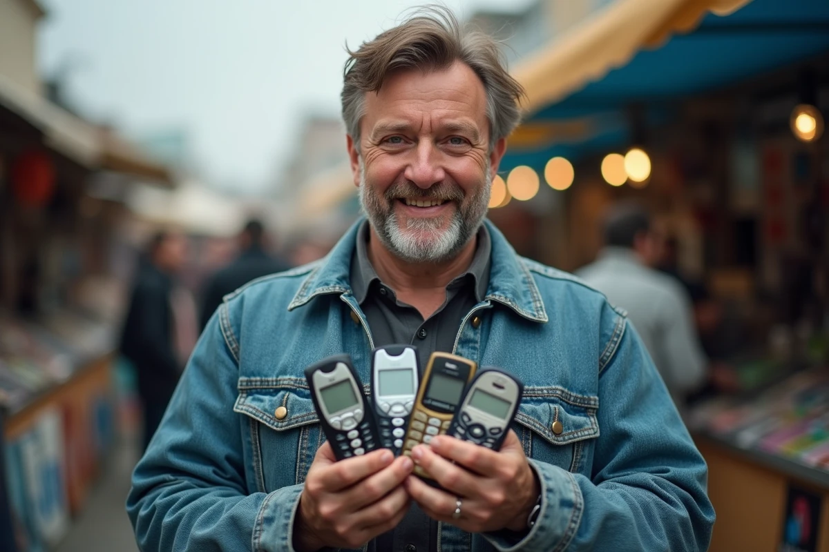 Homme tenant une collection d'anciens téléphones Nokia à un marché aux puces, modèles emblématiques des années 90 et 2000