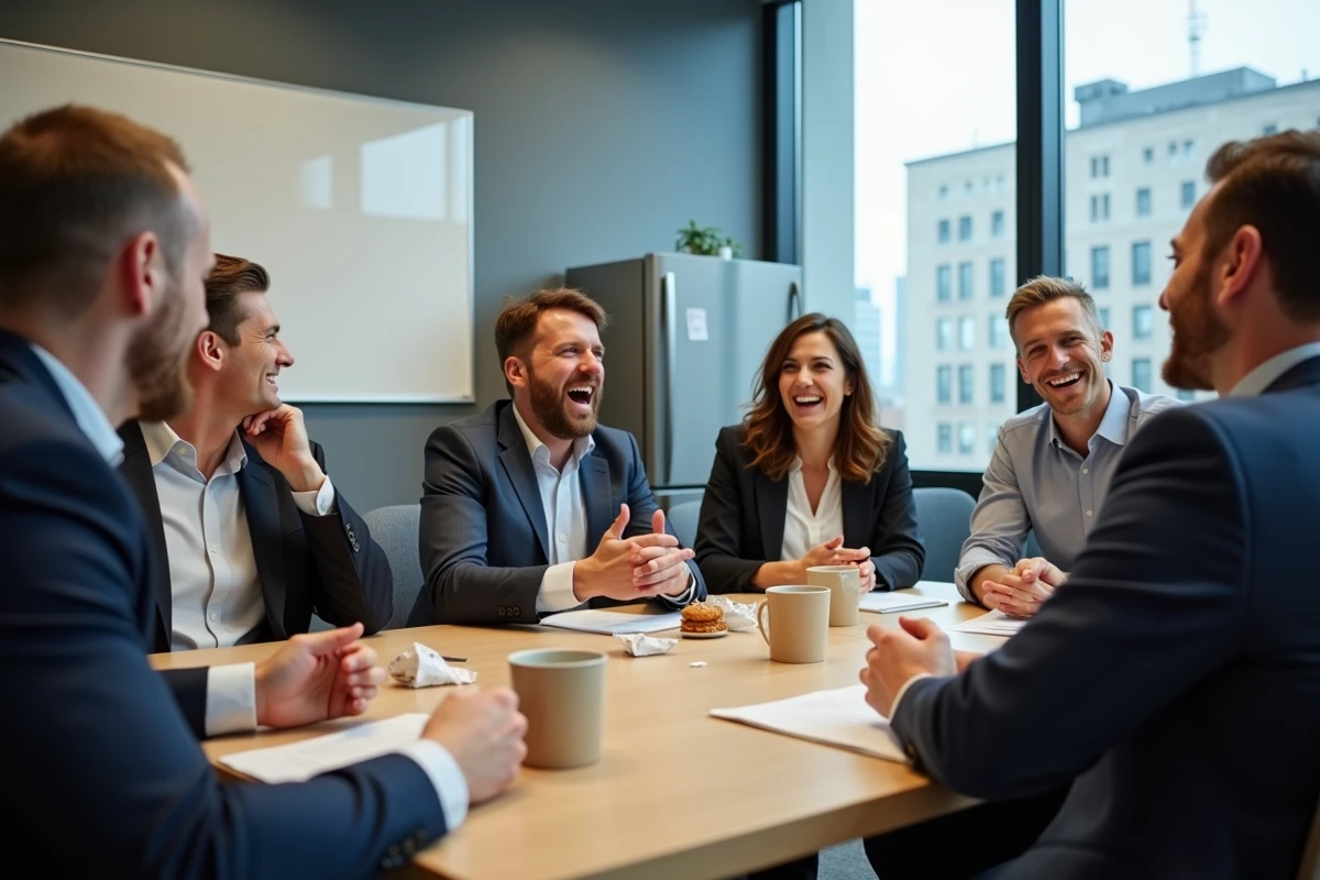 Groupe de collègues adultes hilares dans une salle de pause au bureau, partageant des blagues absurdes pendant la pause