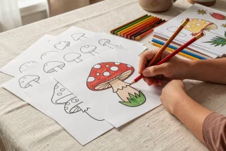 Feuilles de coloriage champignon imprimées sur une table en bois avec des crayons de couleur et une main d'enfant en train de colorier