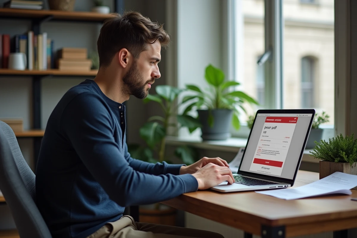 Homme commandant une impression de document en ligne sur le site La Poste depuis son bureau à domicile