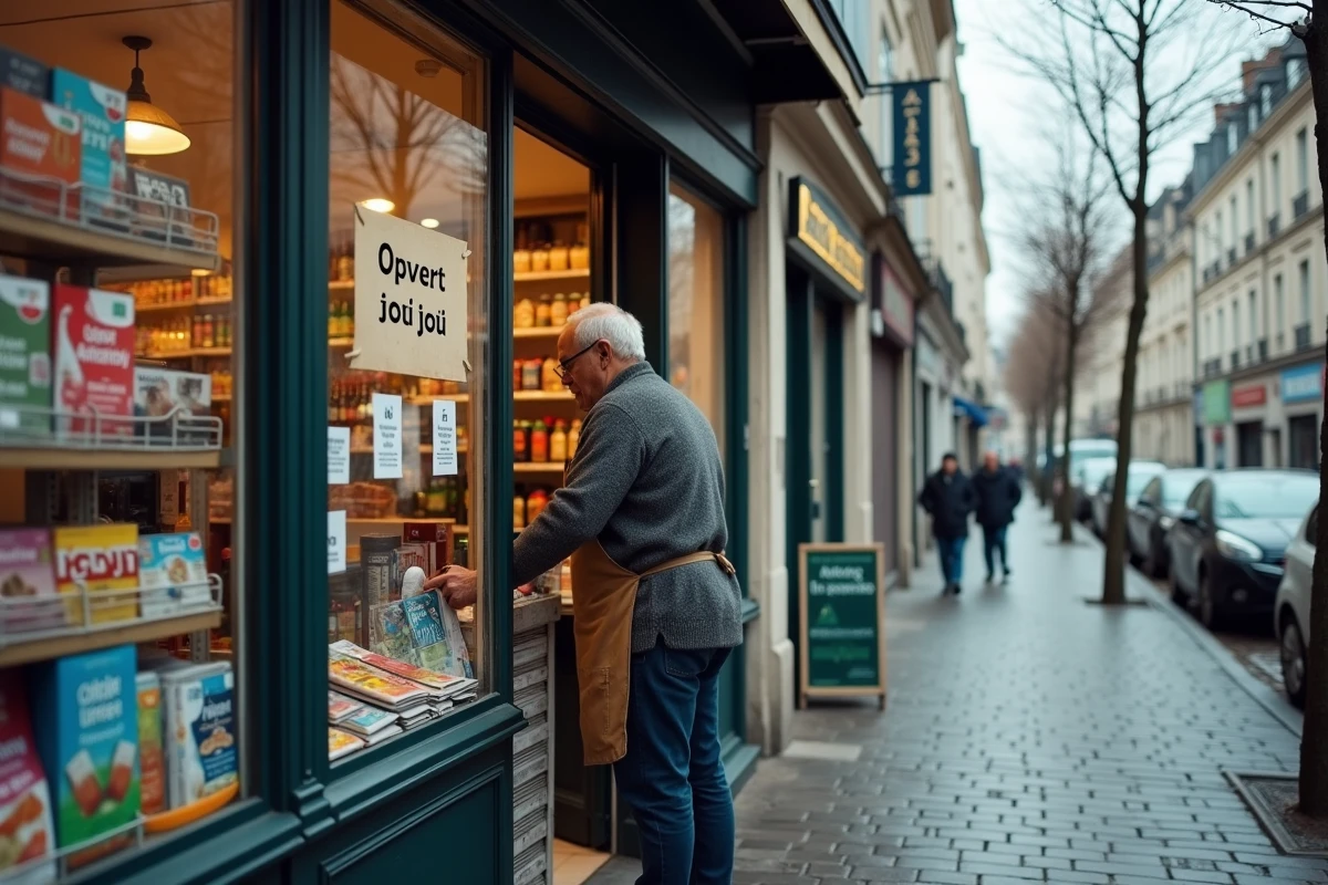 Commerce de proximité ouvert le 1er janvier avec un commerçant devant son magasin de quartier affichant un panneau ouvert aujourd'hui dans une rue résidentielle française calme
