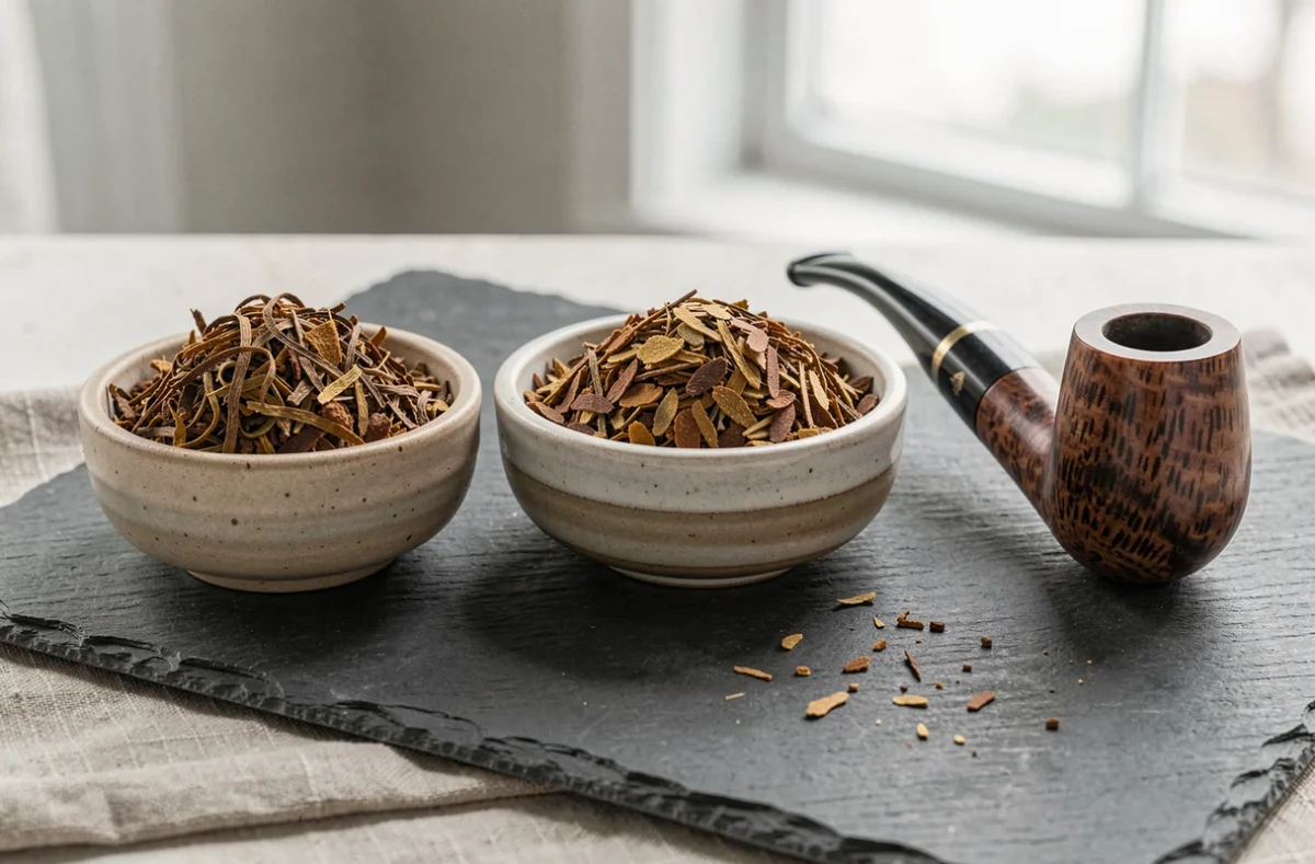 Comparaison de mélanges de tabac à pipe légers dans des bols en céramique sur ardoise avec une pipe en bruyère