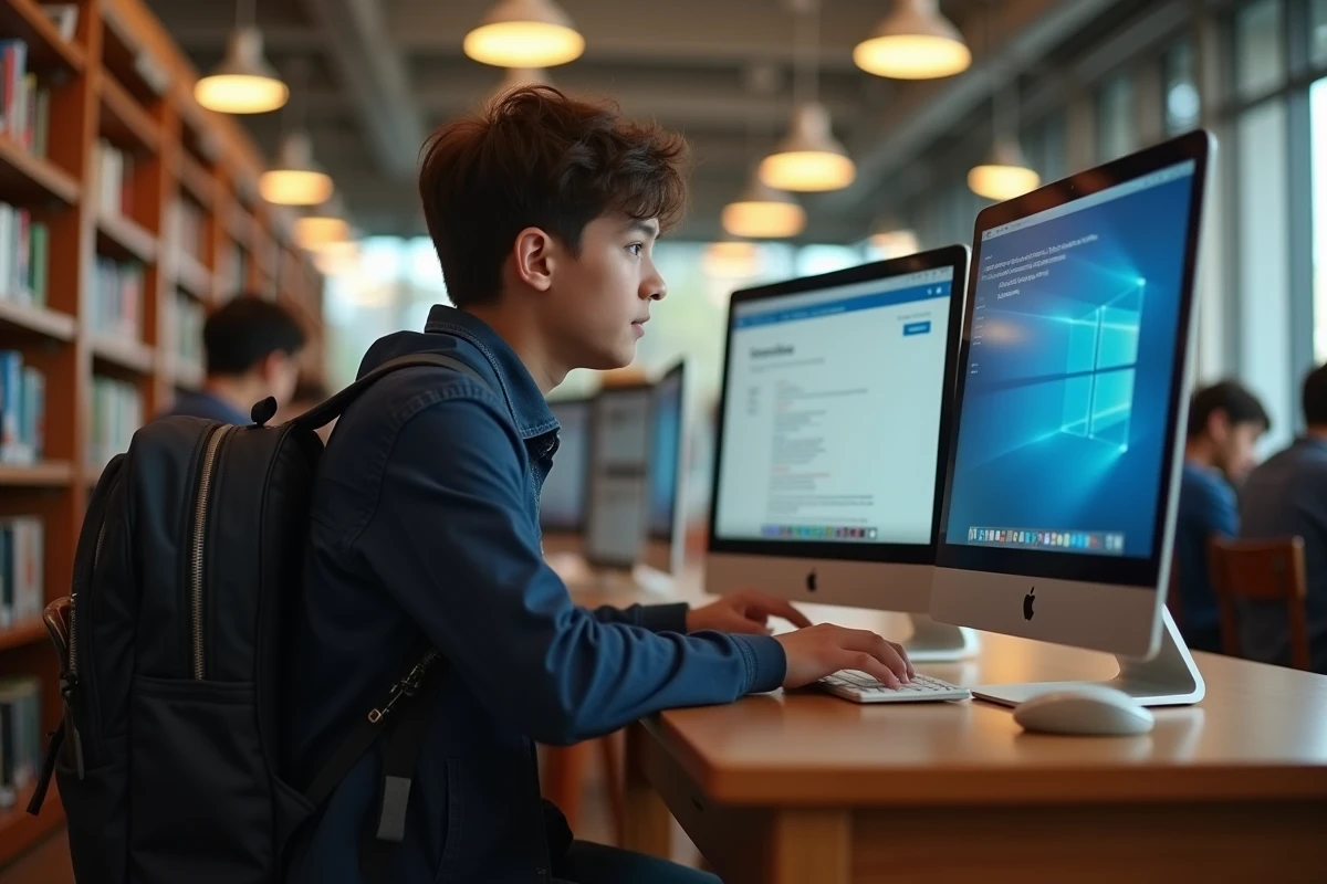 Étudiant configurant les paramètres DNS sur un ordinateur en bibliothèque pour débloquer un site