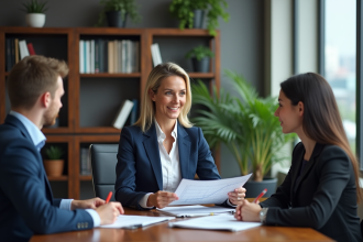 Conseillère financière expliquant un graphique à un jeune couple
