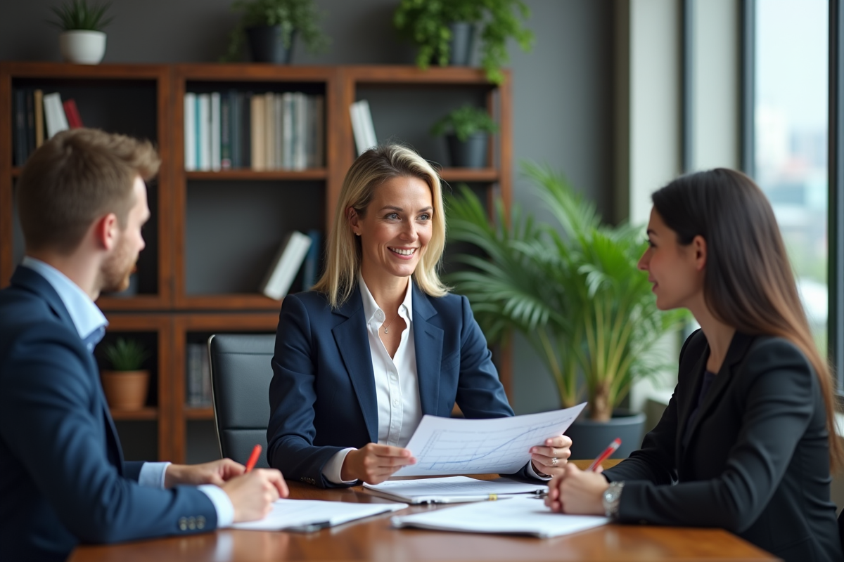 Conseillère financière expliquant un graphique à un jeune couple