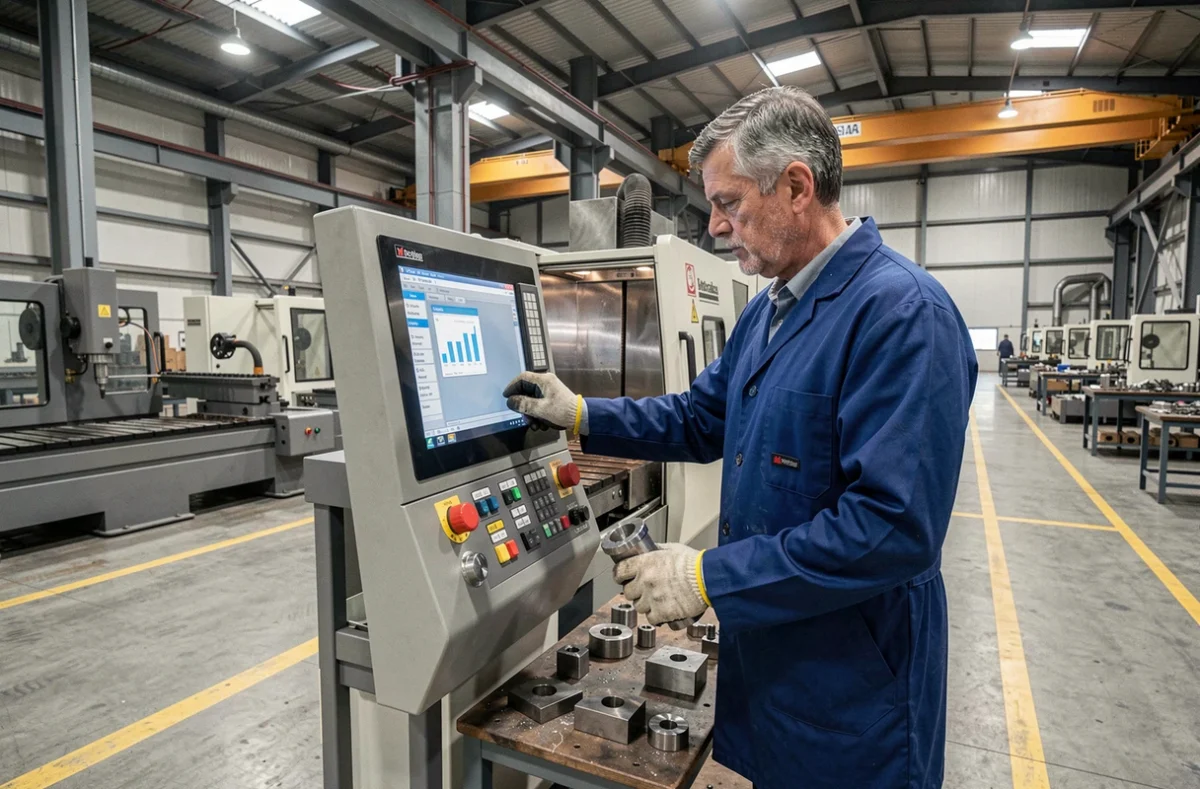Artisan des Constructions Métalliques de Chandai opérant une machine CNC dans une usine de fabrication