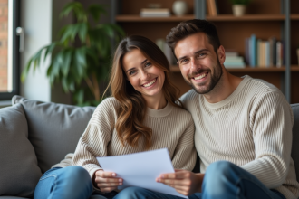 Jeune couple souriant en remplissant des papiers d'adoption